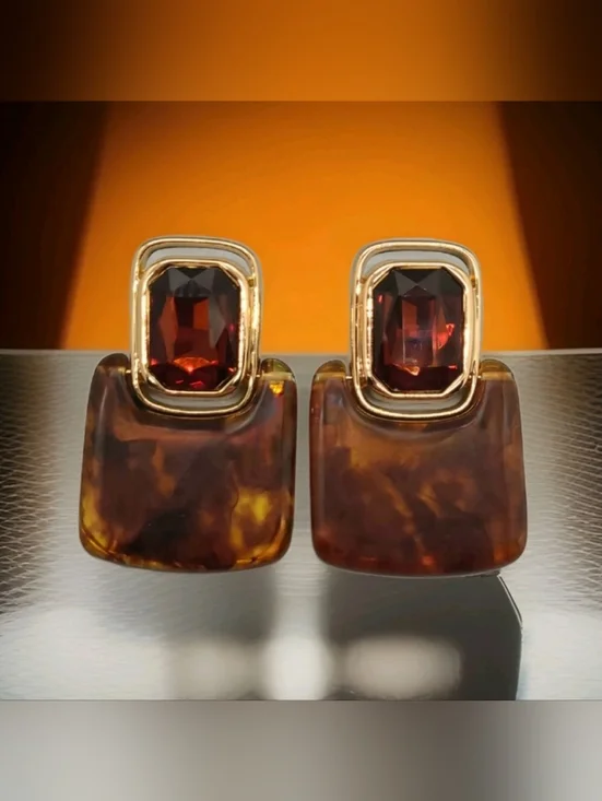 Vintage Retro Large Crystal Rootbeer Geometric Doorknocker Gold Drop Earrings - Picture 2 of 14